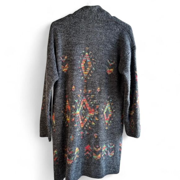 Debut Women's Grey Cardigan with Colorful Tribal Inspired Print. Cozy. Boho. - Picture 2 of 7
